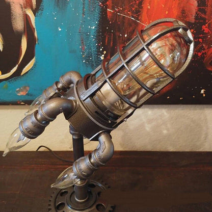 A sleek, steampunk-inspired rocket-shaped lamp with a warm, atmospheric glow, perfect for adding vintage charm to any home decor