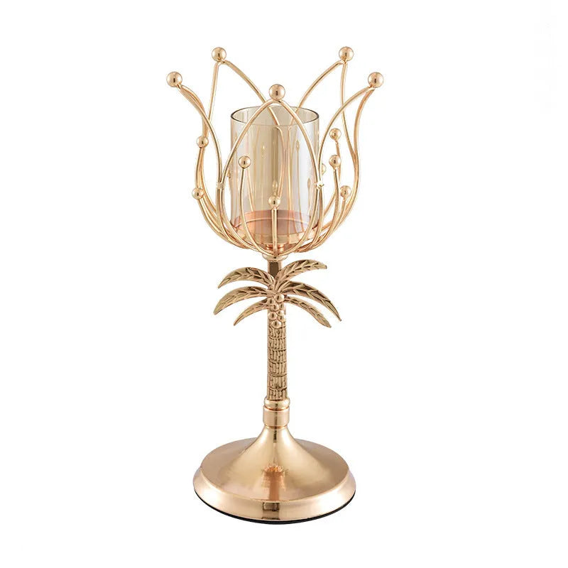 Iron candle holder in gold or silver finish on a dining table.