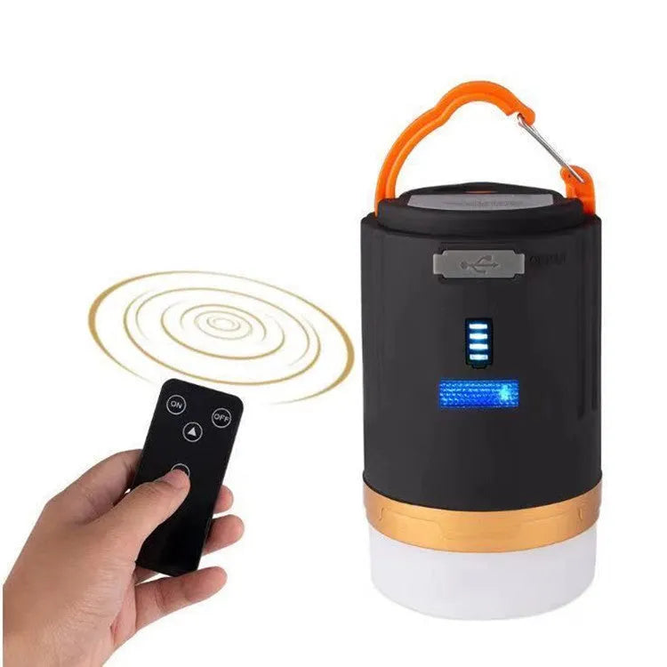 Black remote control emergency camping light with LED illumination and ABS plastic housing.