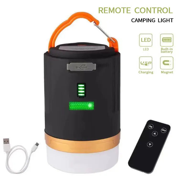 Black remote control emergency camping light with LED illumination and ABS plastic housing.
