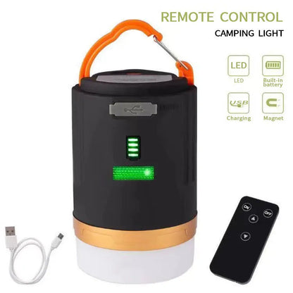Black remote control emergency camping light with LED illumination and ABS plastic housing.