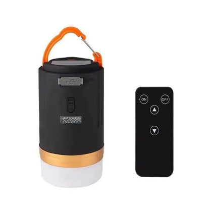 Black remote control emergency camping light with LED illumination and ABS plastic housing.