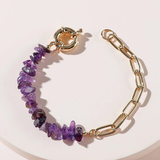 Stylish rough crystal amethyst bracelet for women with adjustable stainless steel chain