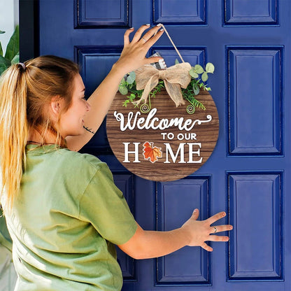 Rustic wooden door hanger with interchangeable seasonal plaques in a variety of holiday and home decor designs