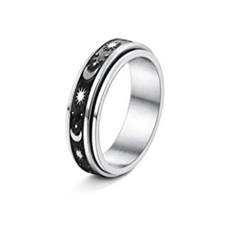 Rotatable stainless steel spinner ring with moon and star designs for anxiety relief and style
