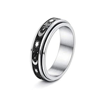 Rotatable stainless steel spinner ring with moon and star designs for anxiety relief and style