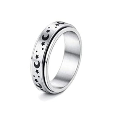 Rotatable stainless steel spinner ring with moon and star designs for anxiety relief and style