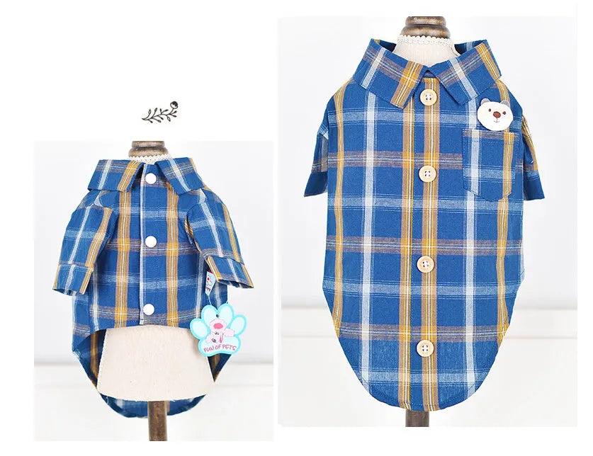 Soft cotton pet shirt with two feet design in blue, red, or rice brown, sizes XS to XL