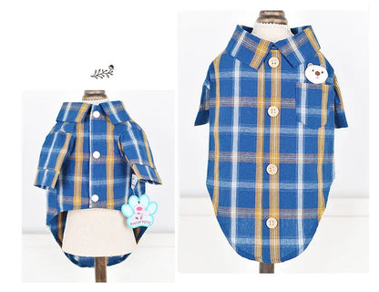 Soft cotton pet shirt with two feet design in blue, red, or rice brown, sizes XS to XL