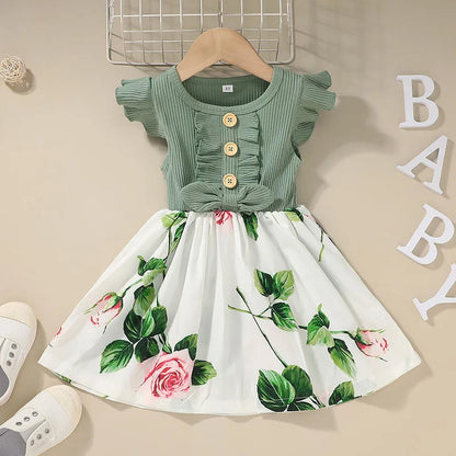 Sleeveless summer dress for toddler girl on a hanger, shown in one of six available colours.