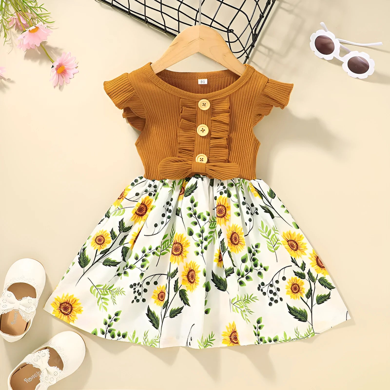 Sleeveless summer dress for toddler girl on a hanger, shown in one of six available colours.