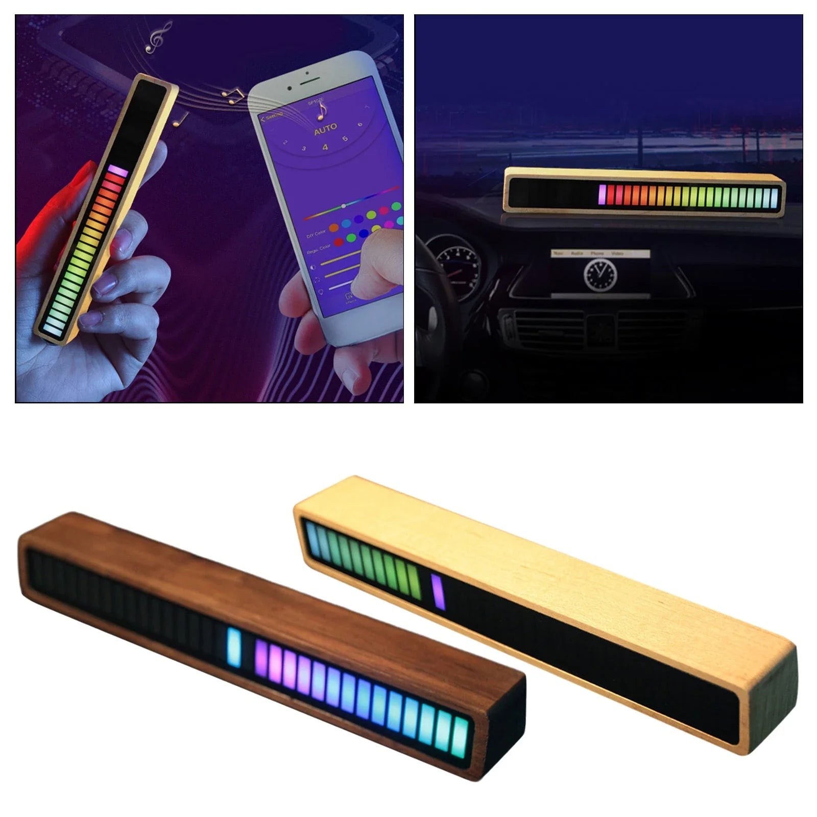Bluetooth-enabled sound-activated rhythm lighting lamp with wooden frame, customizable LED display, and mobile app control