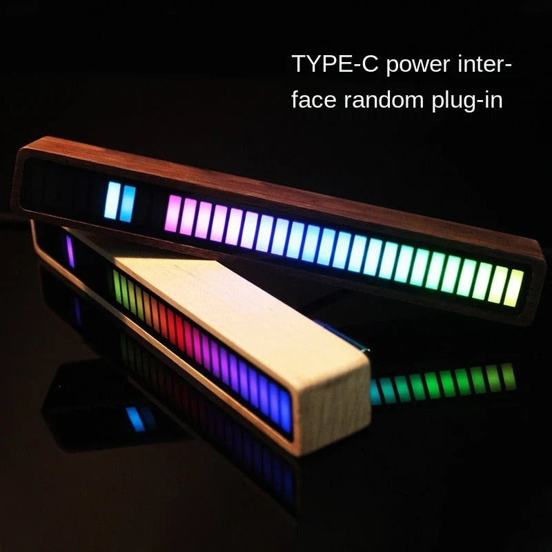 Bluetooth-enabled sound-activated rhythm lighting lamp with wooden frame, customizable LED display, and mobile app control