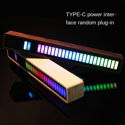 Bluetooth-enabled sound-activated rhythm lighting lamp with wooden frame, customizable LED display, and mobile app control