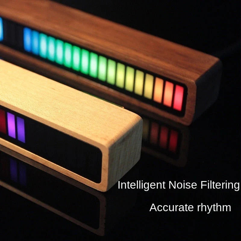 Bluetooth-enabled sound-activated rhythm lighting lamp with wooden frame, customizable LED display, and mobile app control