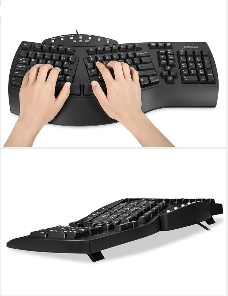 Perixx Periboard-512 wired ergonomic split keyboard in white black colour with USB interface, designed for comfortable typing posture and reducing wrist strain