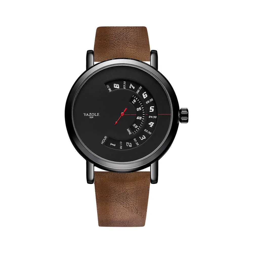 Men's metal casual watch with a black dial, quartz movement, and a pin buckle clasp.