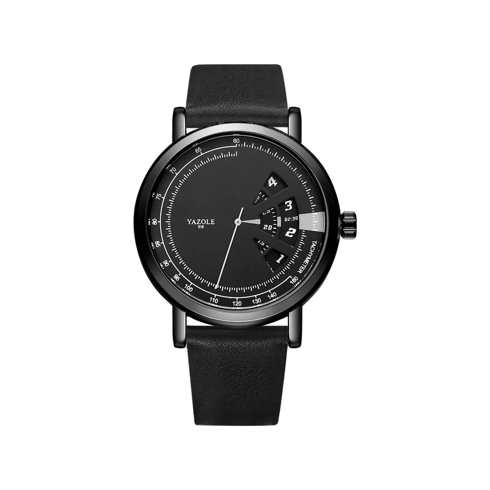 Men's metal casual watch with a black dial, quartz movement, and a pin buckle clasp.