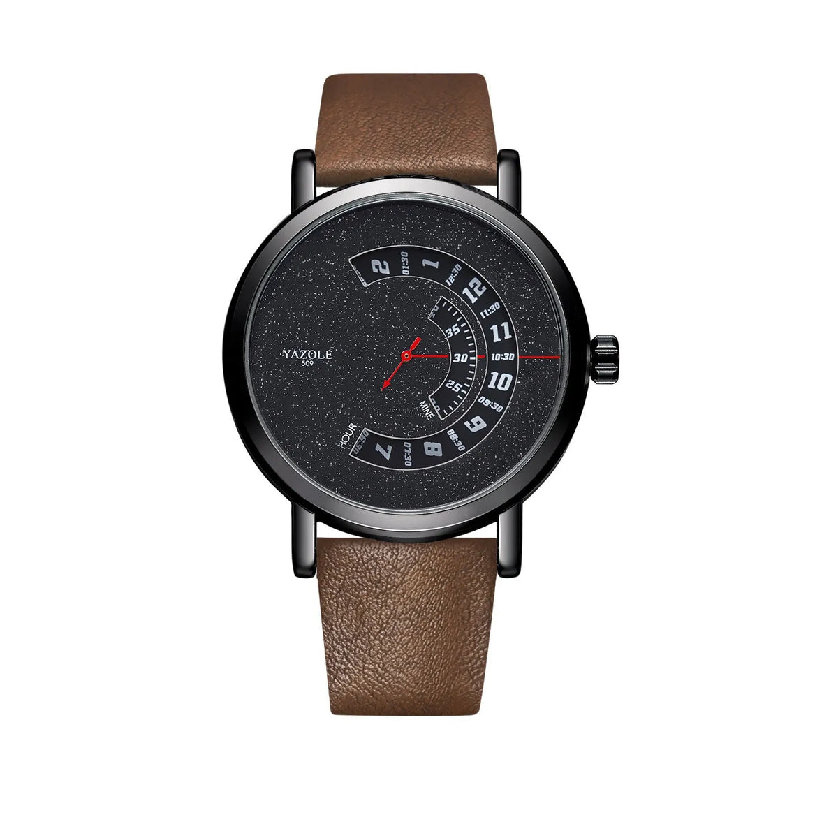 Men's metal casual watch with a black dial, quartz movement, and a pin buckle clasp.