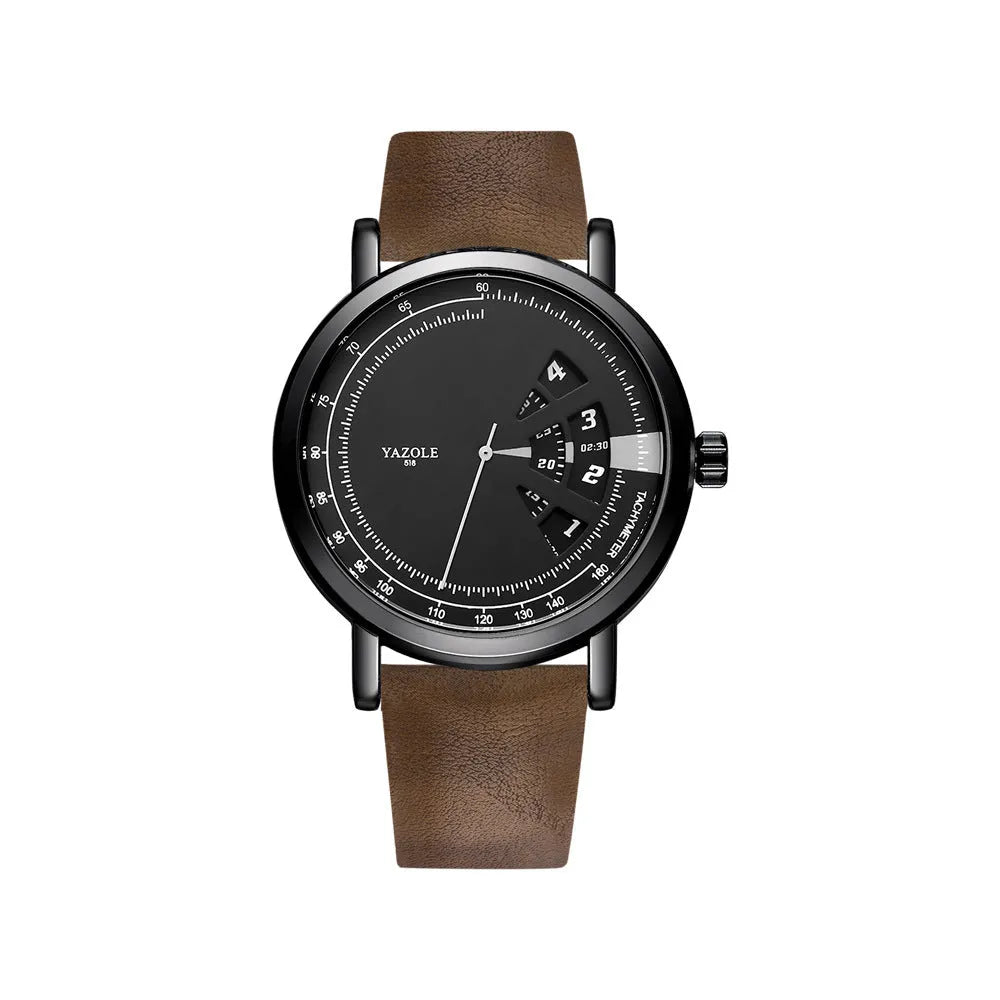Men's metal casual watch with a black dial, quartz movement, and a pin buckle clasp.