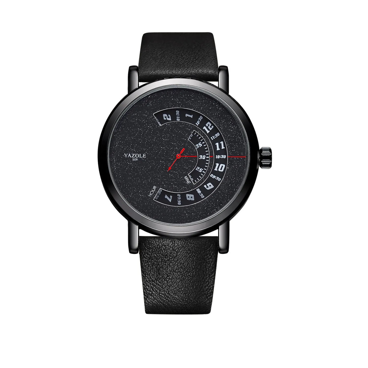 Men's metal casual watch with a black dial, quartz movement, and a pin buckle clasp.