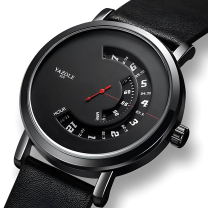 Men's metal casual watch with a black dial, quartz movement, and a pin buckle clasp.