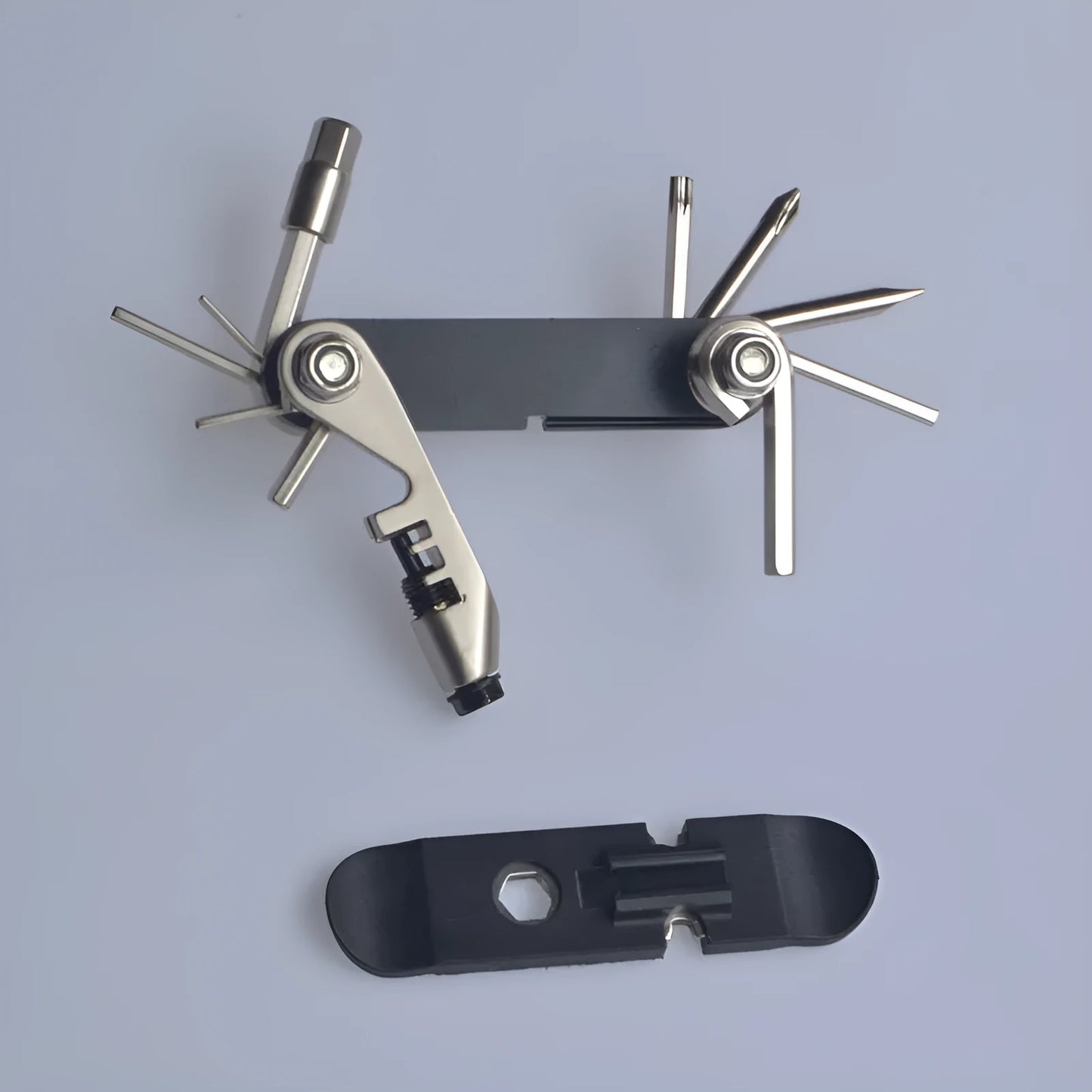 Chrome vanadium steel bicycle repair multi-tool in black, red, yellow, and blue colour options.