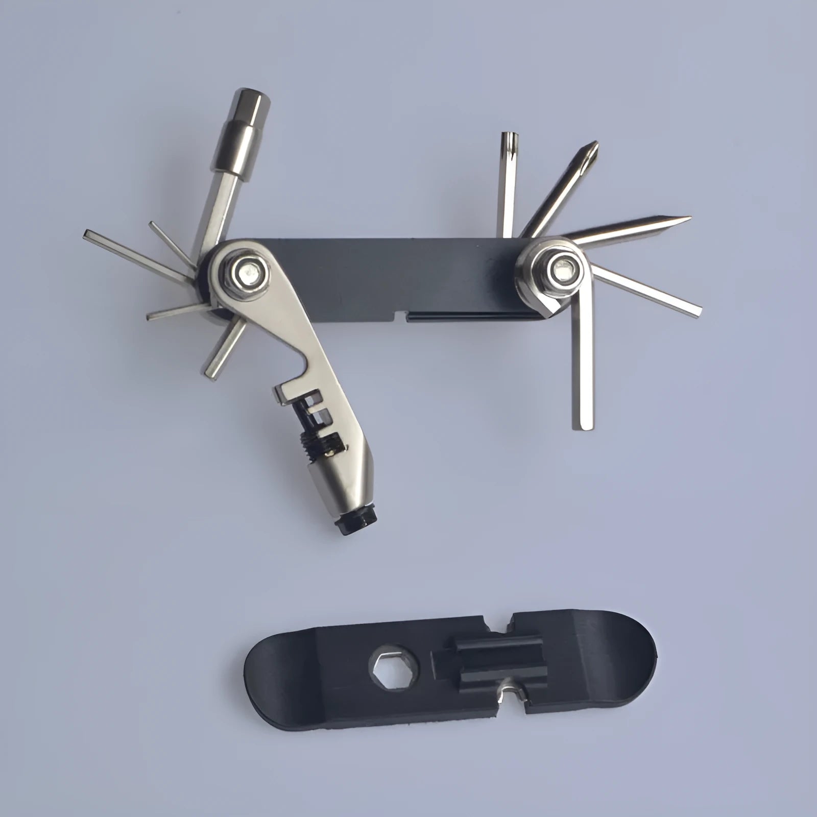 Chrome vanadium steel bicycle repair multi-tool in black, red, yellow, and blue colour options.