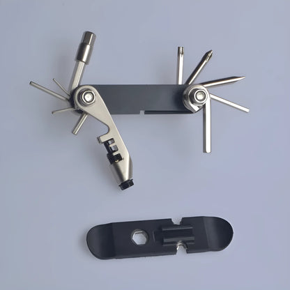 Chrome vanadium steel bicycle repair multi-tool in black, red, yellow, and blue colour options.