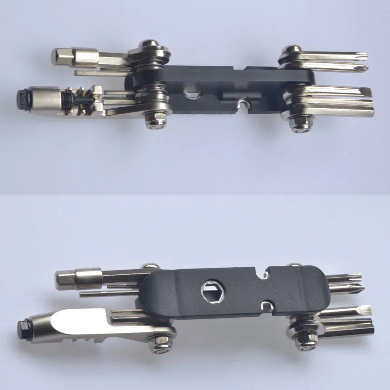 Chrome vanadium steel bicycle repair multi-tool in black, red, yellow, and blue colour options.