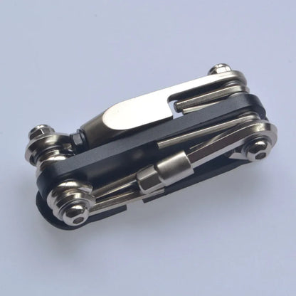 Chrome vanadium steel bicycle repair multi-tool in black, red, yellow, and blue colour options.