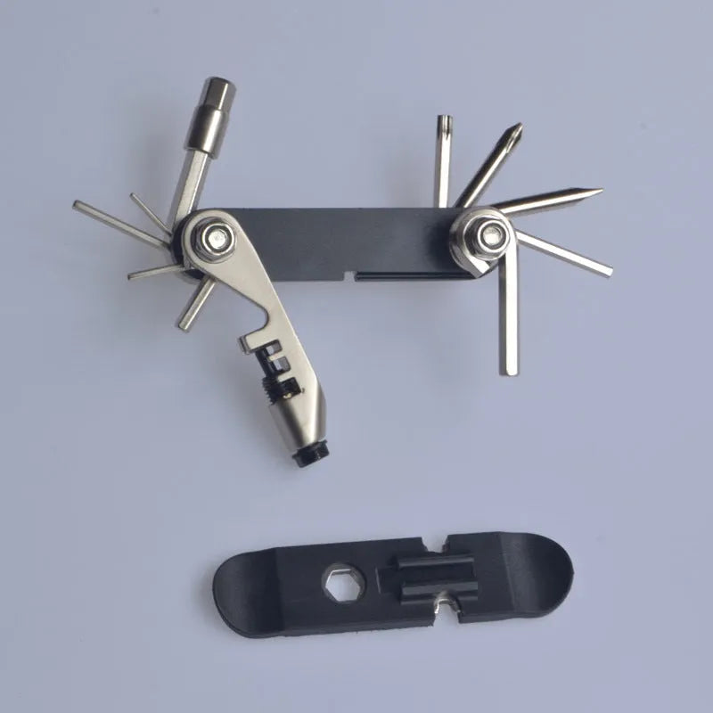 Chrome vanadium steel bicycle repair multi-tool in black, red, yellow, and blue colour options.