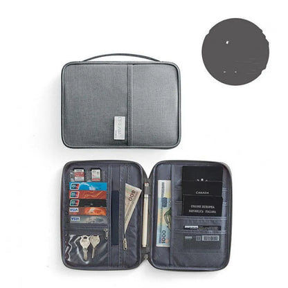 Navy blue waterproof passport holder with zip open, showing card slots and clear ID window.