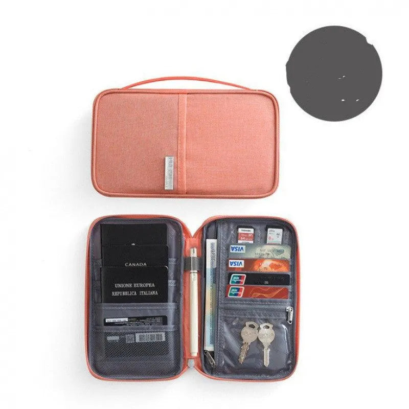 Navy blue waterproof passport holder with zip open, showing card slots and clear ID window.