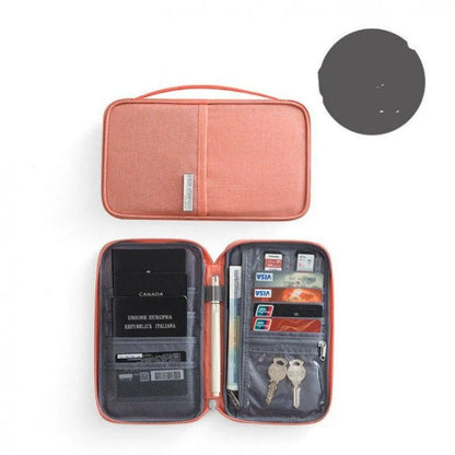 Navy blue waterproof passport holder with zip open, showing card slots and clear ID window.