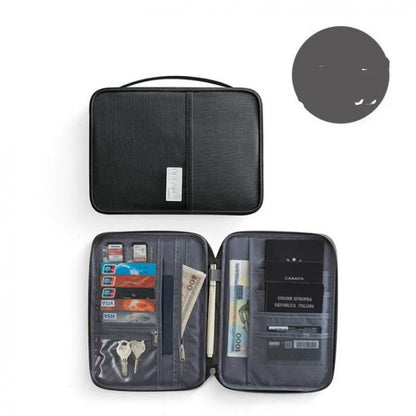 Navy blue waterproof passport holder with zip open, showing card slots and clear ID window.