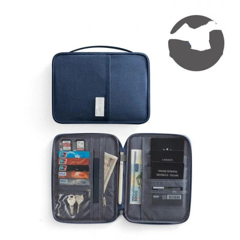 Navy blue waterproof passport holder with zip open, showing card slots and clear ID window.