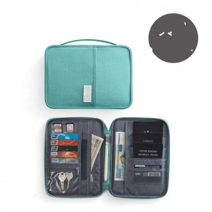 Navy blue waterproof passport holder with zip open, showing card slots and clear ID window.