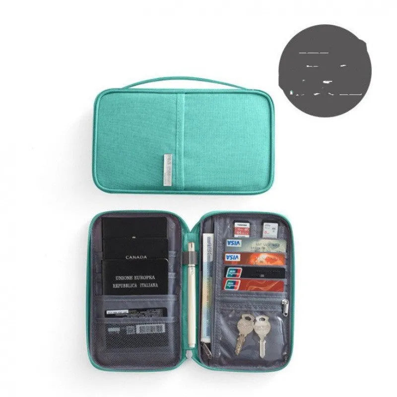 Navy blue waterproof passport holder with zip open, showing card slots and clear ID window.