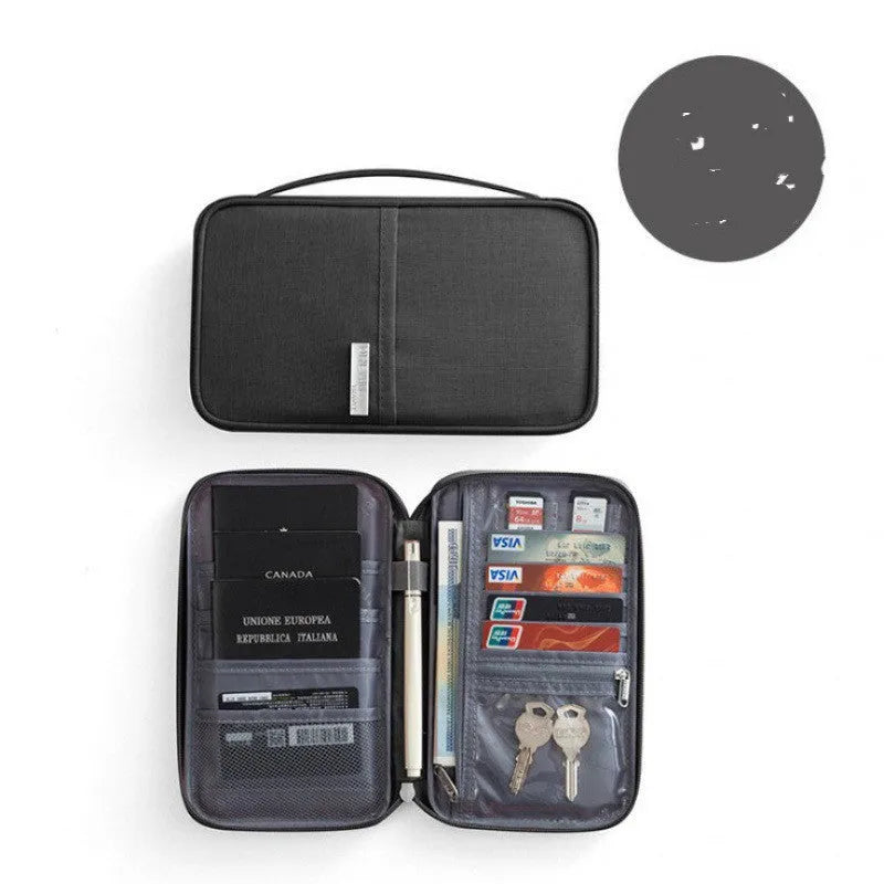 Navy blue waterproof passport holder with zip open, showing card slots and clear ID window.