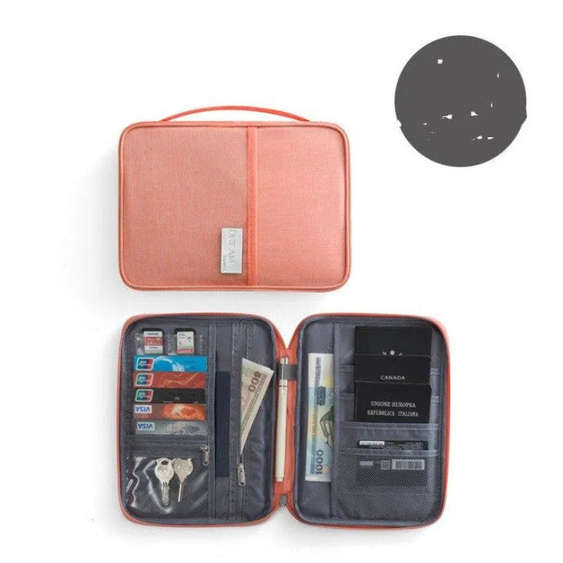 Navy blue waterproof passport holder with zip open, showing card slots and clear ID window.