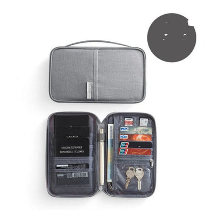 Navy blue waterproof passport holder with zip open, showing card slots and clear ID window.