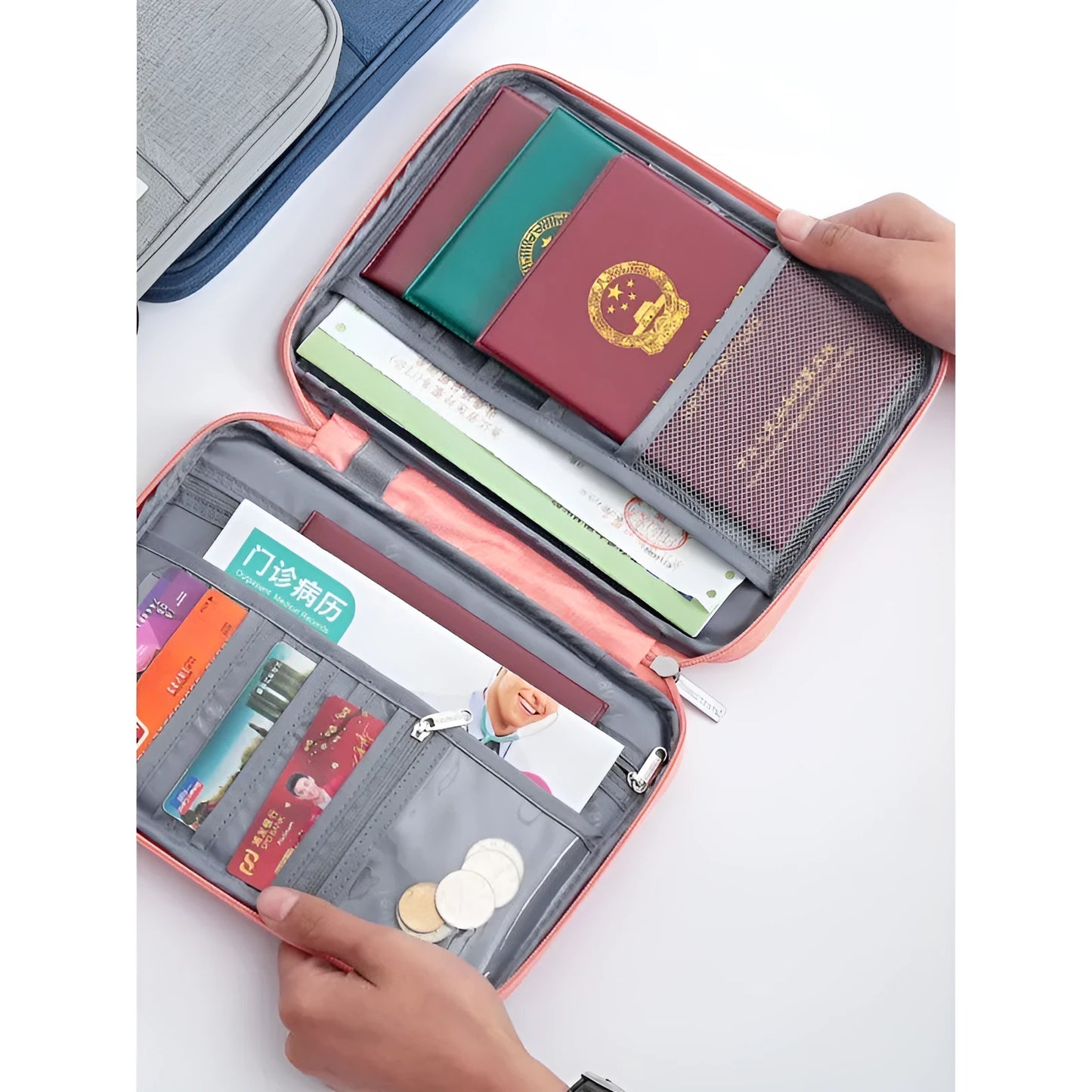 Navy blue waterproof passport holder with zip open, showing card slots and clear ID window.