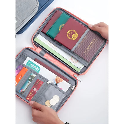 Navy blue waterproof passport holder with zip open, showing card slots and clear ID window.
