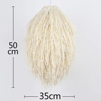 Rattan chandelier with pine cone decorative elements hanging on adjustable fishing line