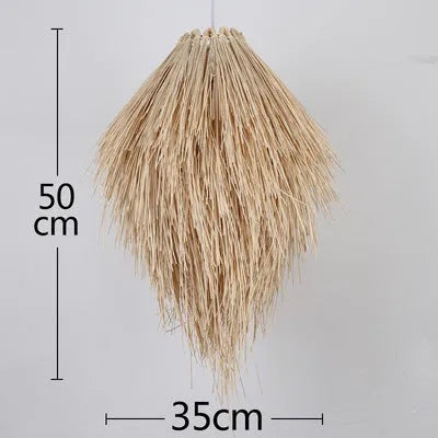 Rattan chandelier with pine cone decorative elements hanging on adjustable fishing line