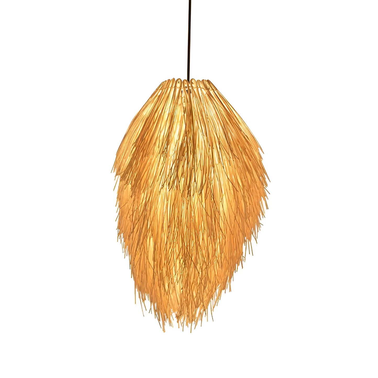 Rattan chandelier with pine cone decorative elements hanging on adjustable fishing line
