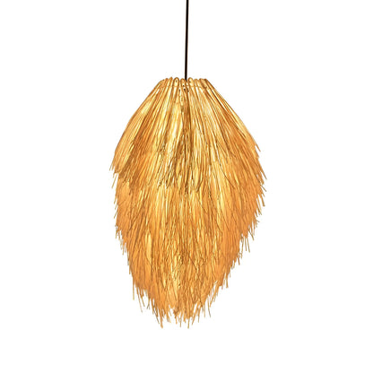 Rattan chandelier with pine cone decorative elements hanging on adjustable fishing line