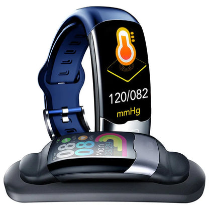 Black smart fitness watch on wrist showing digital display, with heart rate and waterproof features.