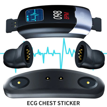 Black smart fitness watch on wrist showing digital display, with heart rate and waterproof features.